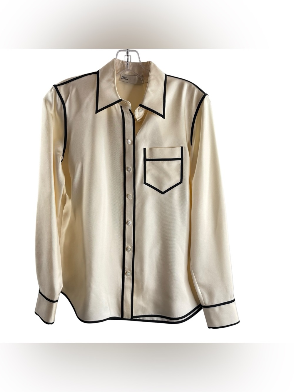 Tory Burch Twill Brigitte Cream Contrast-Trim Long Sleeve Shirt NWT $428